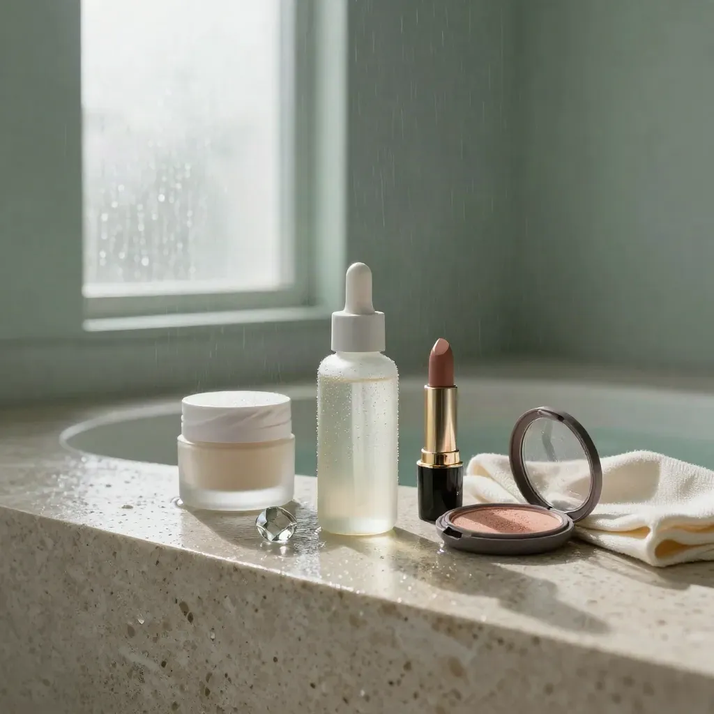 Dramatisches Beauty-Stillleben mit Serum, Creme, Lippenstift und Blush auf nassem Stein.