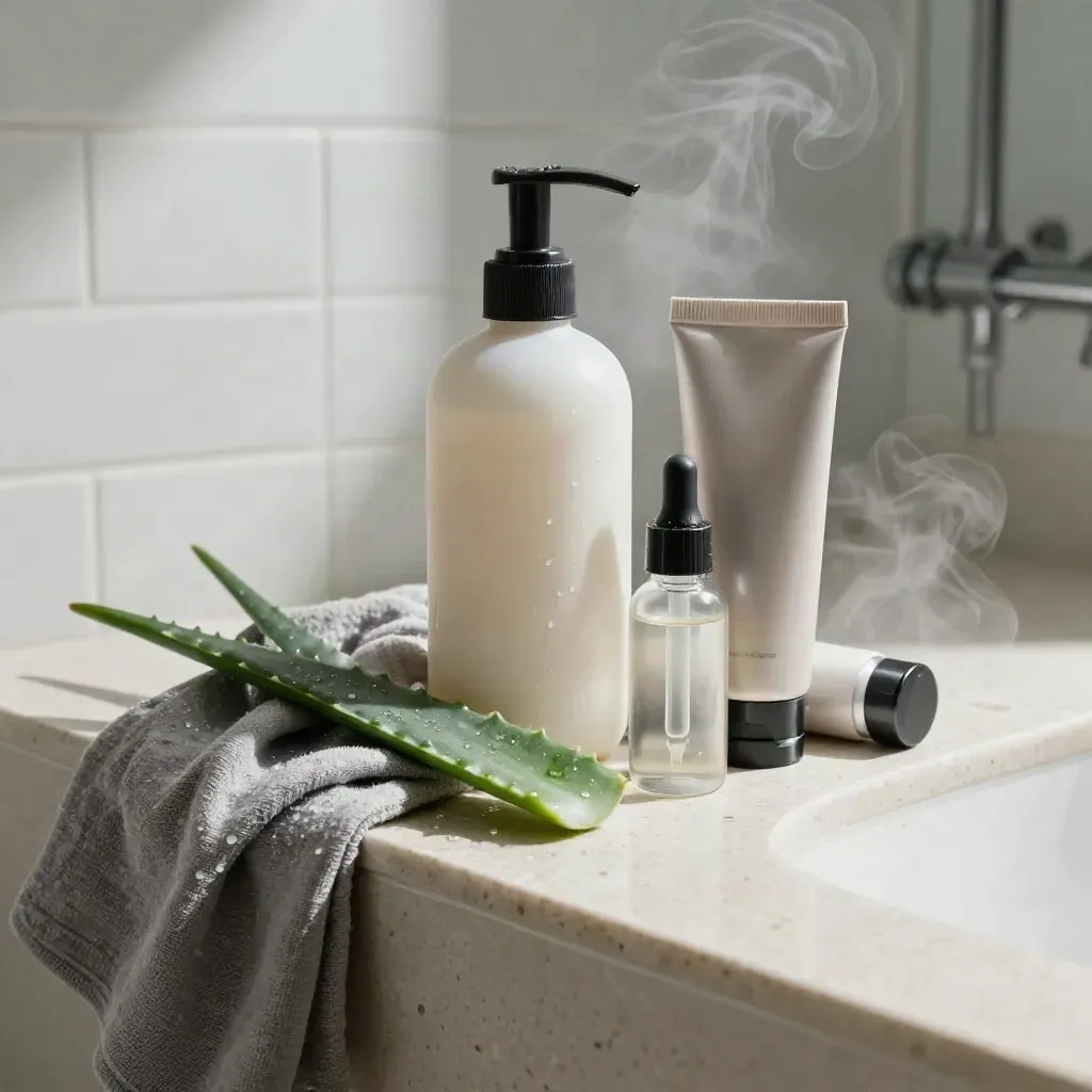 Pflegeprodukte im dampfigen Bad mit Waschlappen und Aloe auf hellem Bord