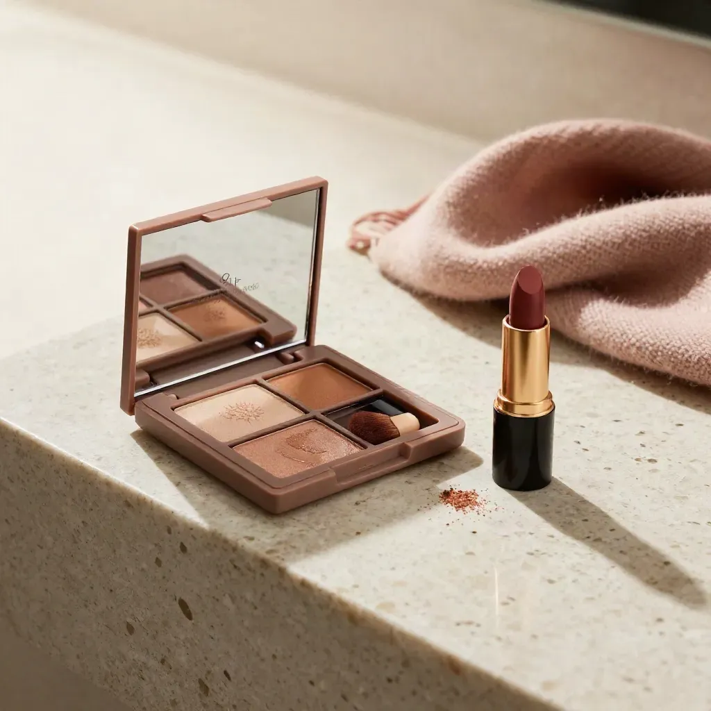 Kosmetik-Set mit geöffneter Palette, Highlighter, Lippenstift und Schal auf Travertin.