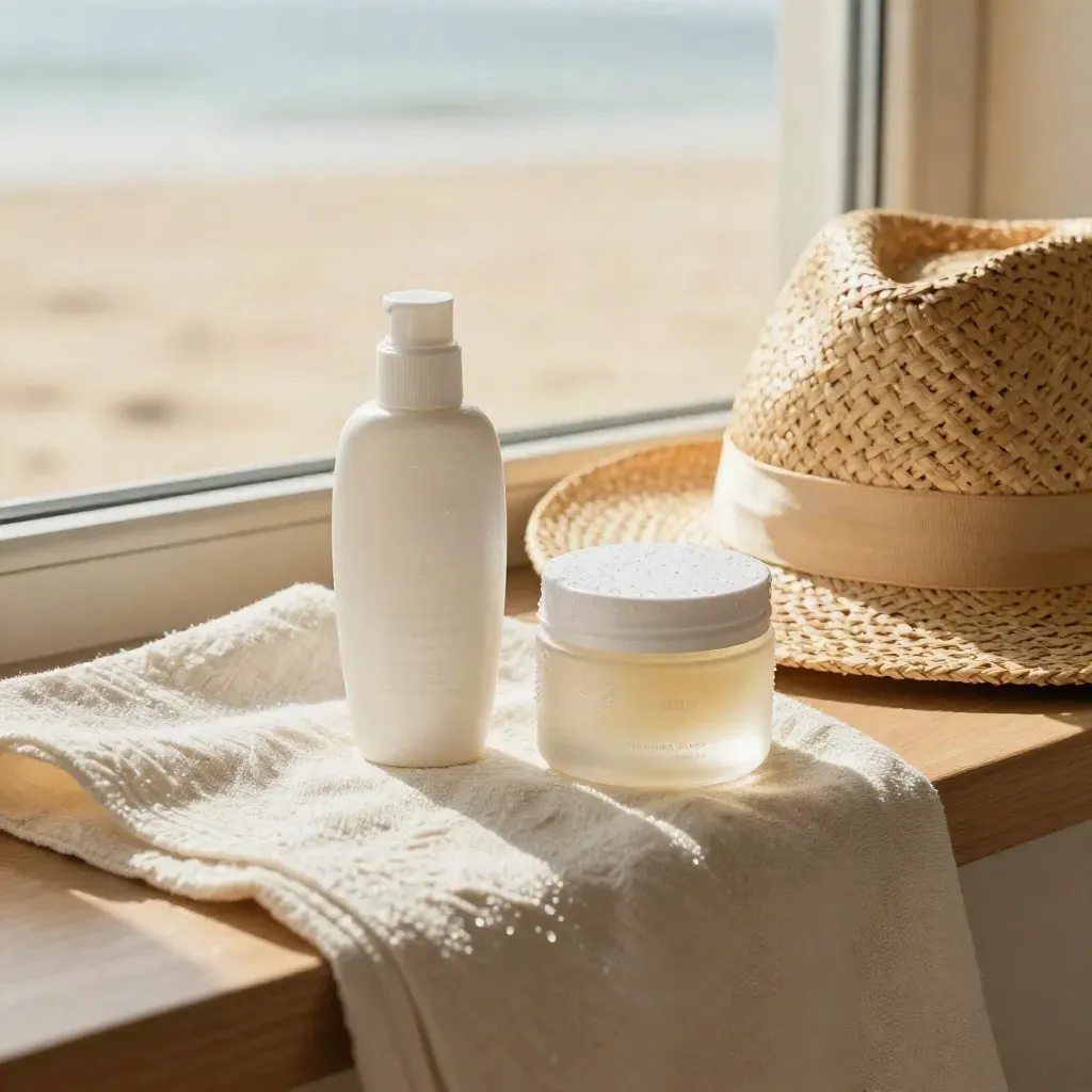 Sonnencreme, After-Sun-Gel, Strohhut und Strandtücher auf einer warmen Fensterbank