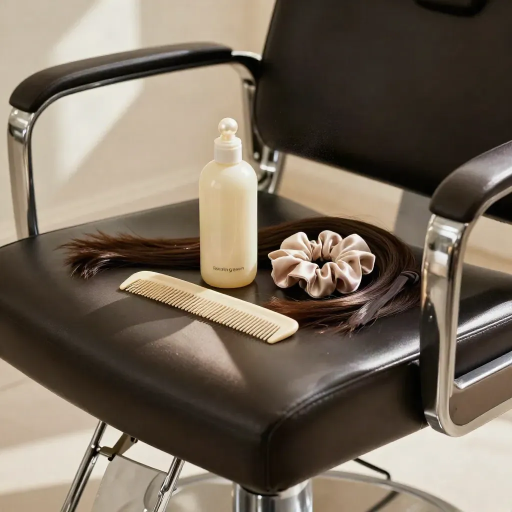Glänzende Haarpflege mit Leave-in, Kamm, Satin-Scrunchie und Haarband auf einem Salonstuhl.