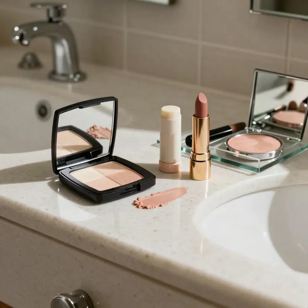 Kosmetikprodukte auf einer Travertin-Vanity im Hotelzimmer mit Rosé- und Nude-Tönen