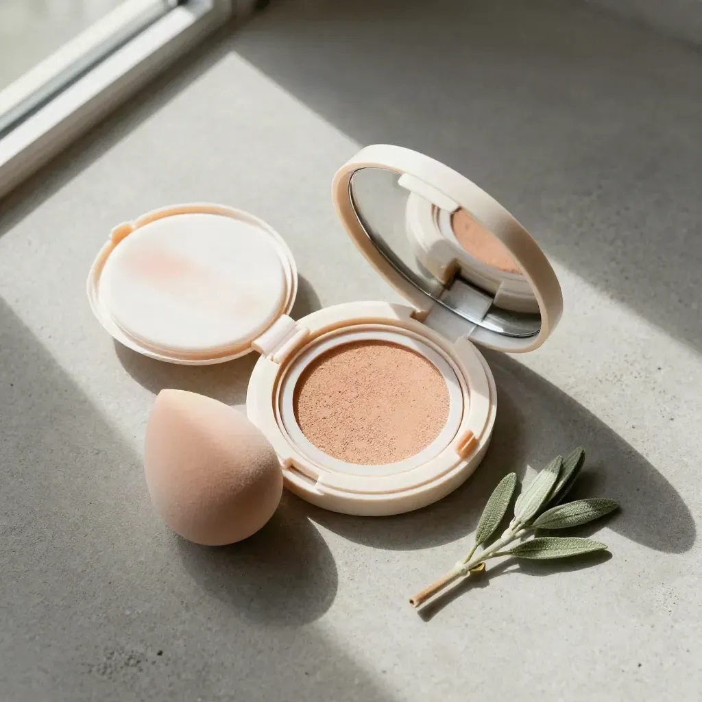 Offener Cream-Blush-Compact mit Schwämmchen, Schale und Grünzweig auf Beton
