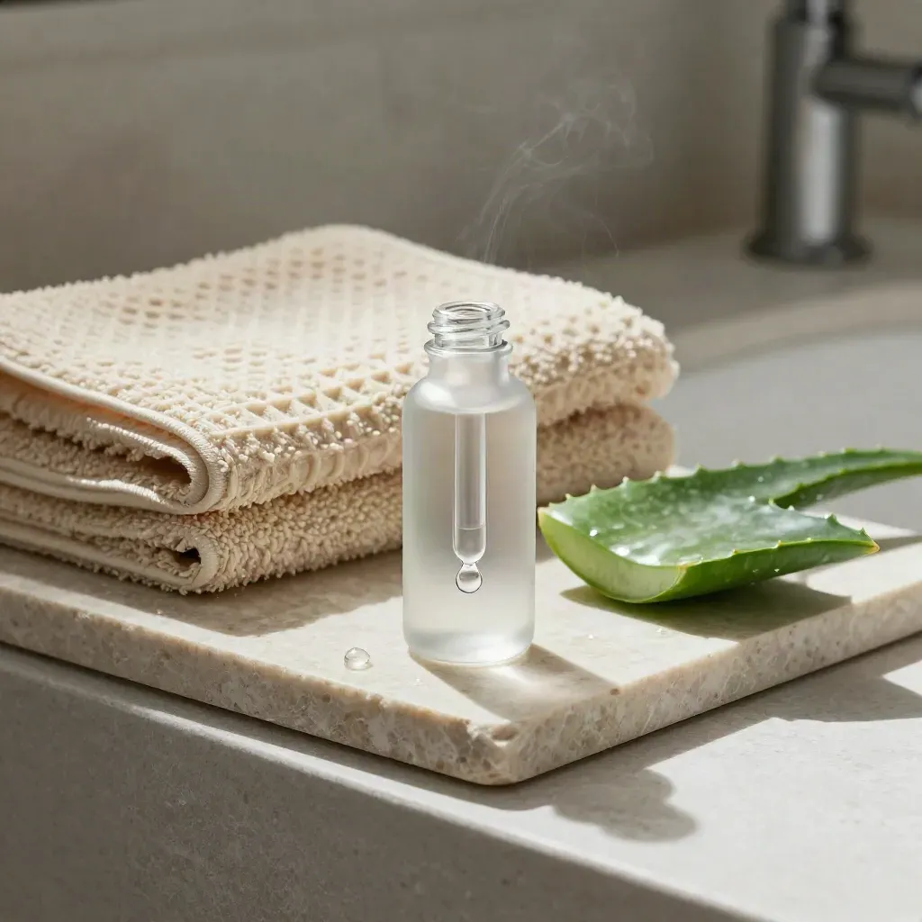 Serumflakon mit Pipette, Waffeltuch und Aloe auf hellem Tablett im Badlicht